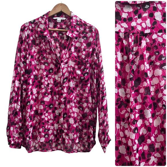 Diane Von Furstenberg Tiny Pull Lorelei Two Sheer Silk Button Blouse Size 10 - Picture 13 of 13